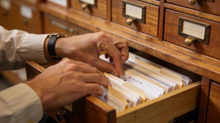 Otevírání zásuvky, ruce s hodinkami skenují kartotéční lístky v archivech, nacházejí sčítací kartu.