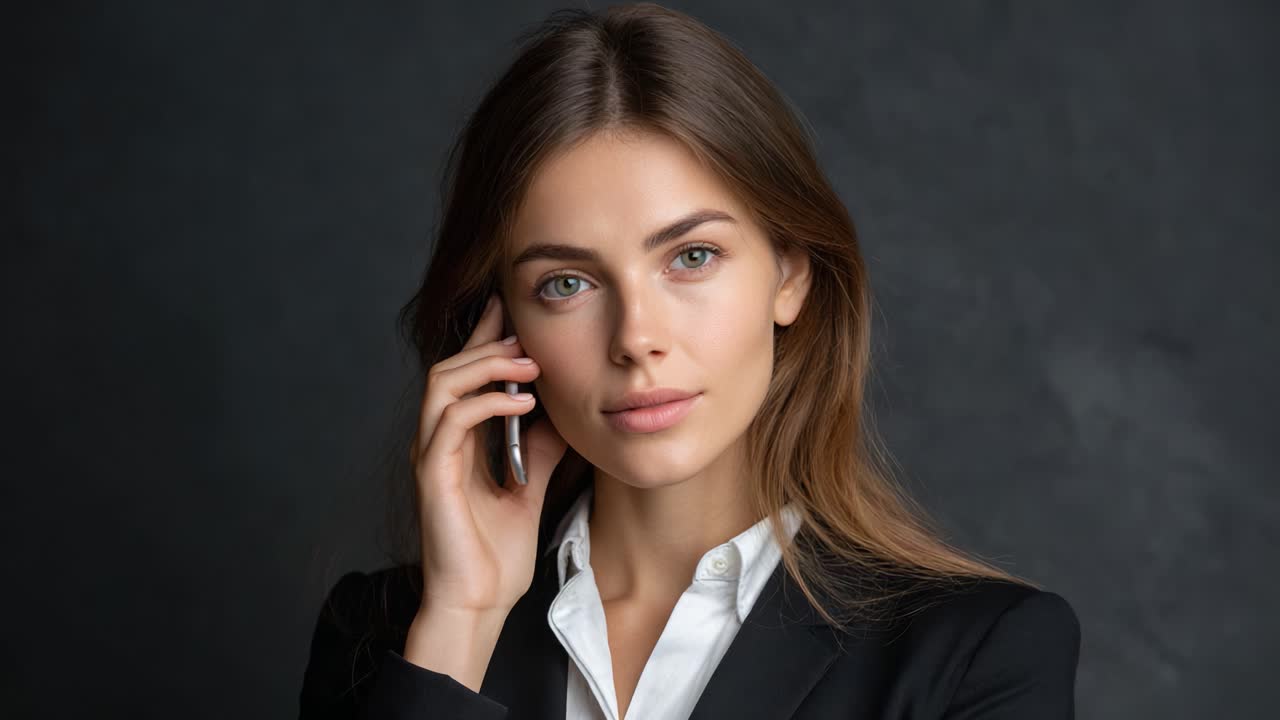A Confident Businesswoman Engaged in a Phone Conversation, Transitioning from a Thoughtful Expression to a Bright Smile for a Professional Portrait in a Studio Setting