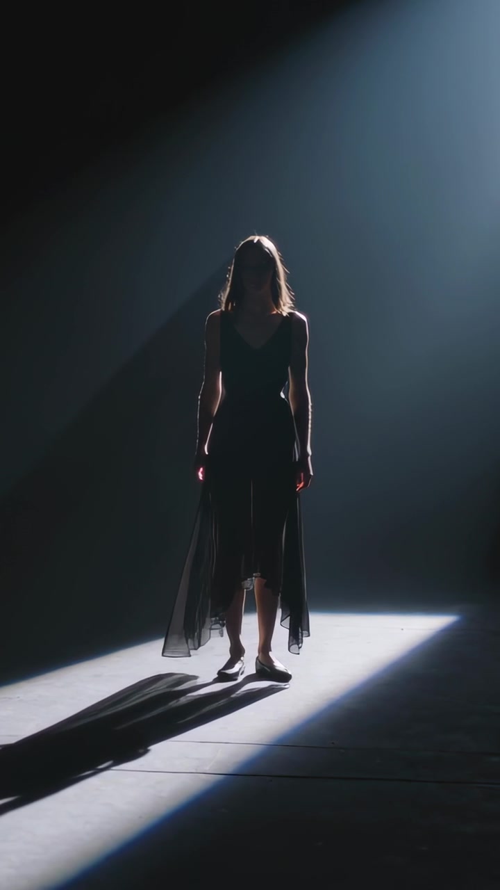 Vertical video: Spotlight signaling woman stepping into lit stage beam, sheer skirt panels swaying