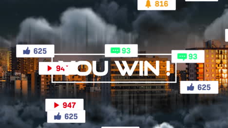 animación de usted ganar texto y números que crecen sobre el paisaje urbano