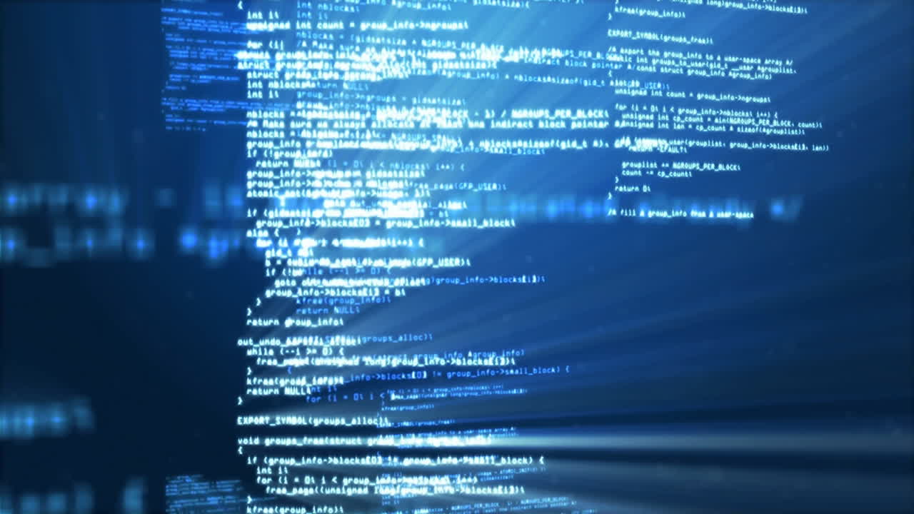 Computer code processing and data animation on blue background