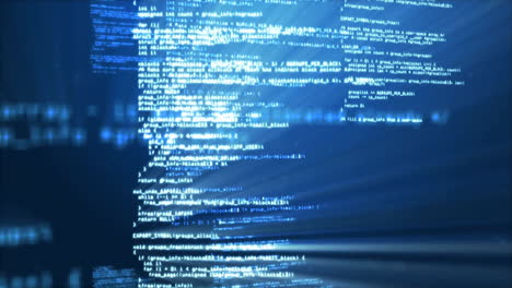 computer code processing and data animation on blue background