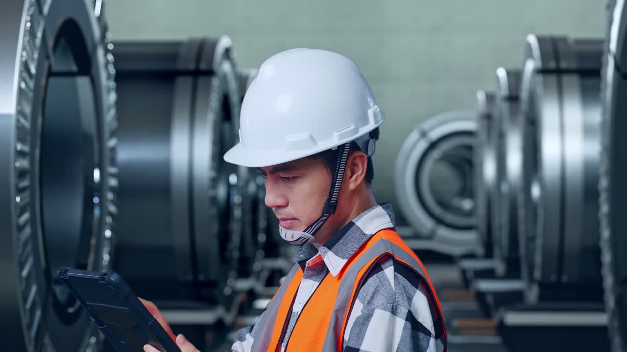 금속 공장에서 서서 태블릿을 작업하는 안전 헬을 착용한 아시아 남성 엔지니어의 근접 측면 뷰