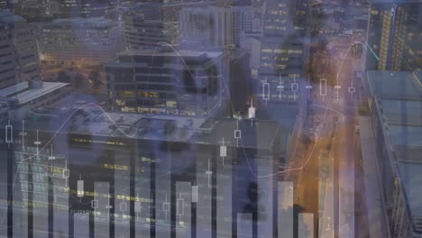 animación de la red de conexiones con procesamiento de datos sobre el paisaje urbano
