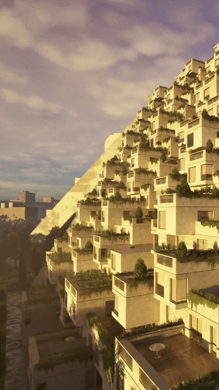 Edificio de varios pisos con plantas en la azotea en la ciudad durante el atardecer.
