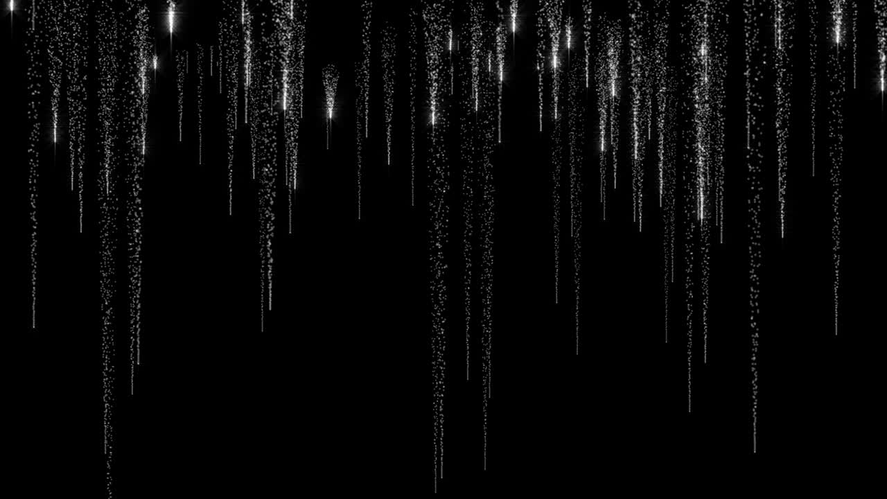 Futuristic White Glittering Star Dust Trail Particles Falling Down Effect 4K Animation On Black Background.