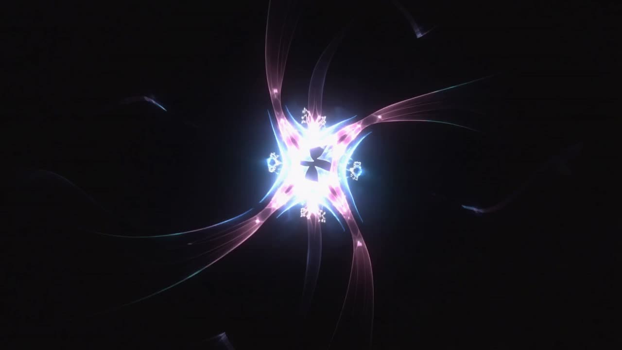 Emerging pink-blue ribbon arms unraveling into gold band in void, nodes pulsing near bright core