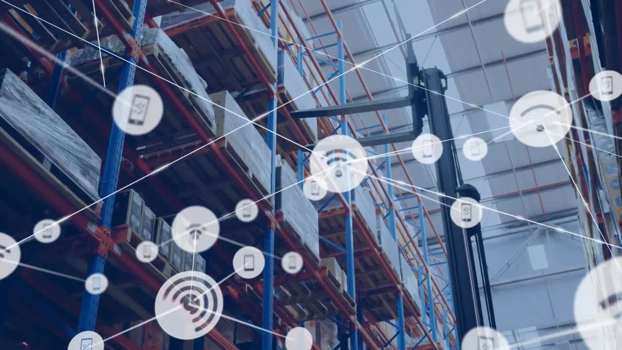 animación de la red de conexiones con iconos sobre el almacén