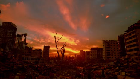 deserted demolished city buildings, after war, sunset time