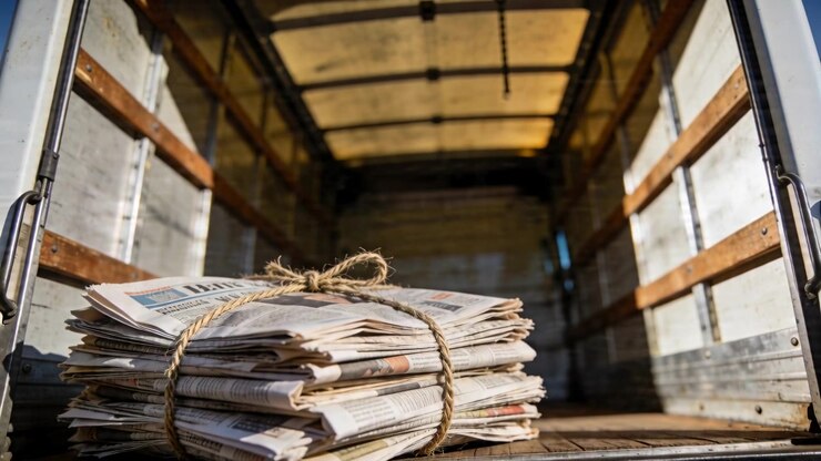 Pulling back, camera revealing bundled newspapers tied with twine at truck threshold for delivery