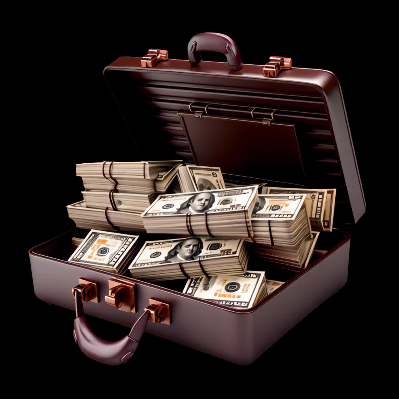 Open suitcase with cash animation isolated asset, transparent 4K video, alpha channel, ProRes 4444