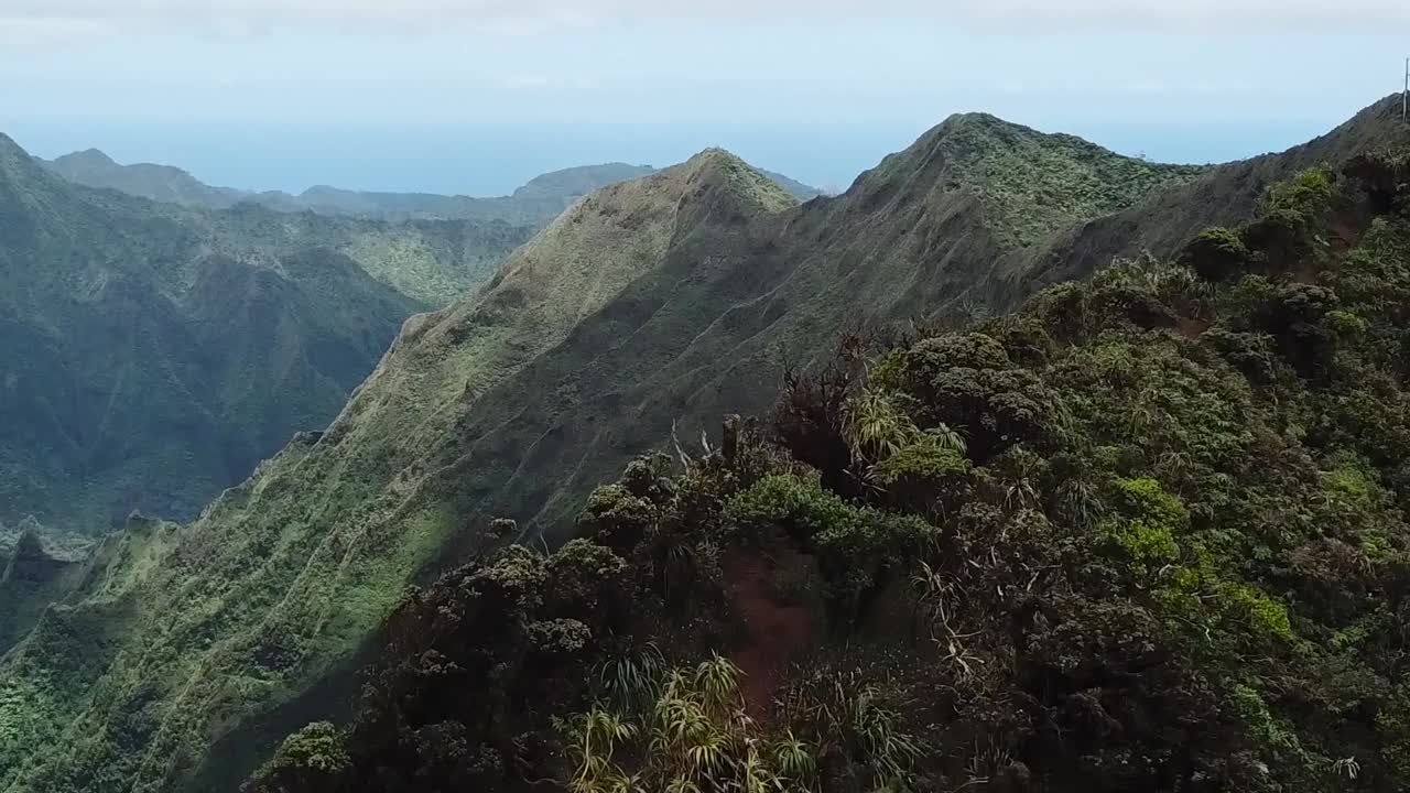 la antena de drones en la cima de las montañas hawaianas avanza