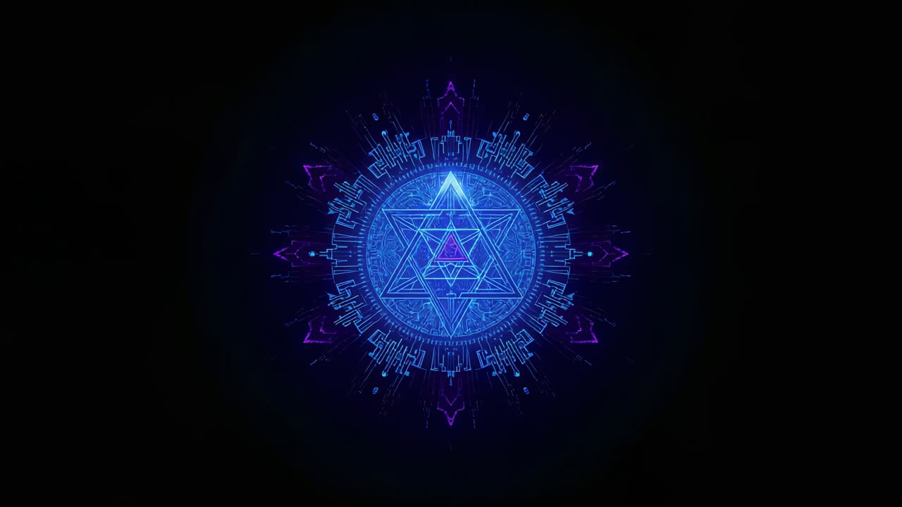 Pulsing mandala expanding in black void, frames advancing, showing circuitry, star, purple spikes