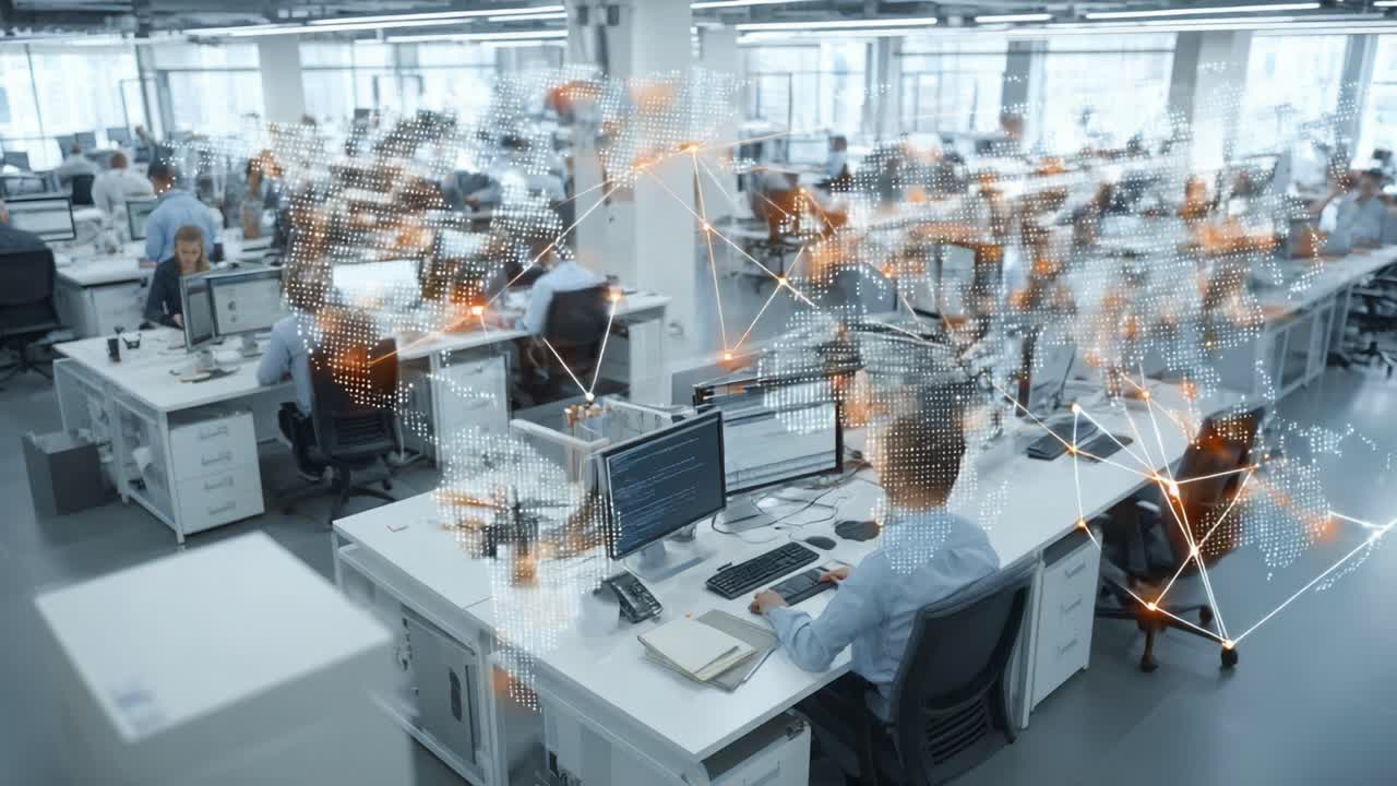 A Dynamic Office Environment Demonstrating Modern Connectivity and Collaboration Through Digital Networking in a Busy Workspace Setting