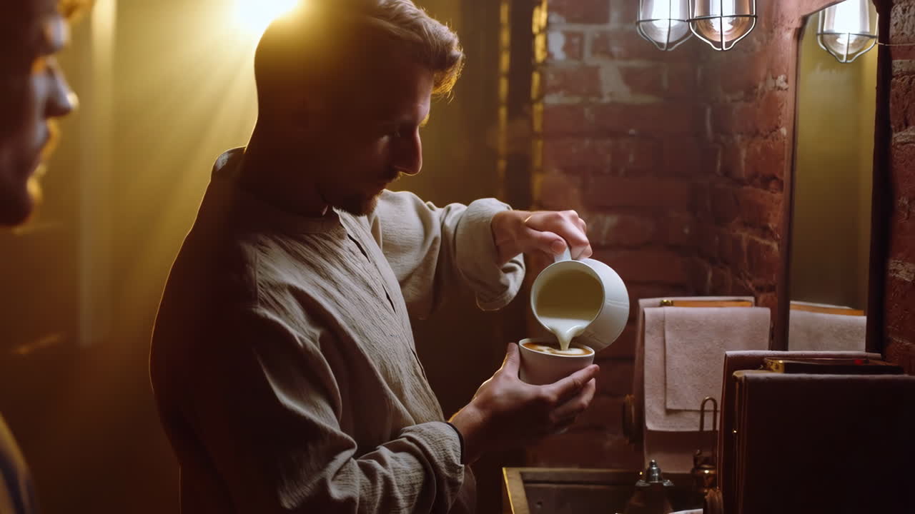 Barista pouring milk for latte art in a cozy cafe