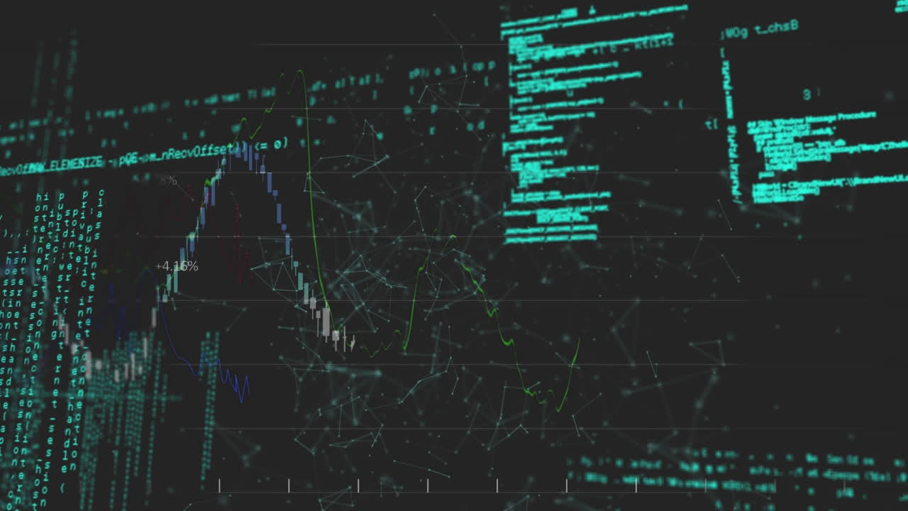 Animation of graph over connected dots and computer language against black background