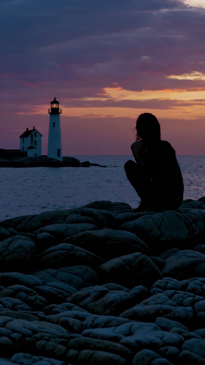 Donna che contempla il tramonto al faro