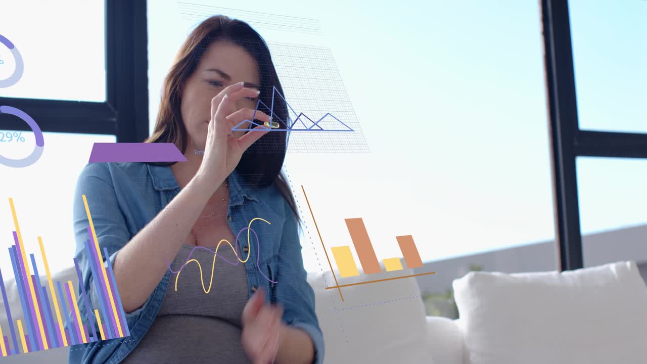 Pregnant mom reaching for jar opening and pouring into hand studying item as health charts shifting