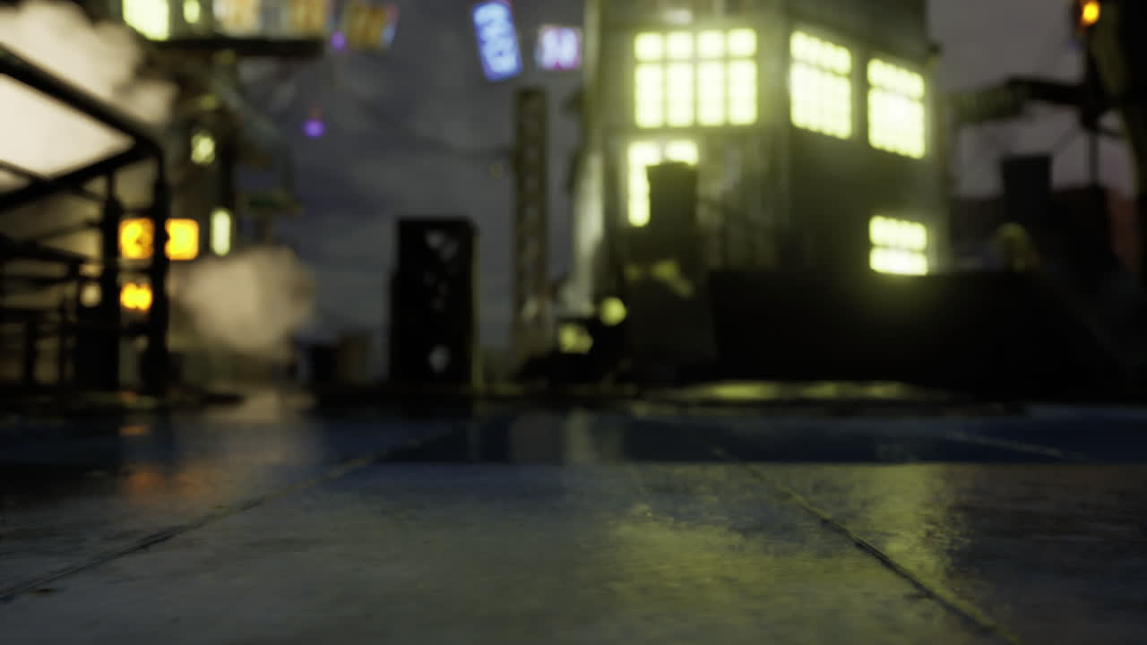 Urban nighttime ambiance with glowing structures and mysterious fog