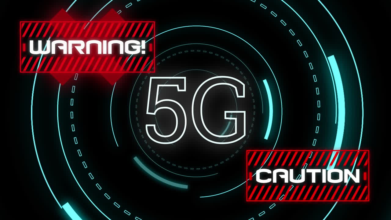 palabras de advertencia y precaución y 5g escrito sobre visores de exploración en fondo negro.