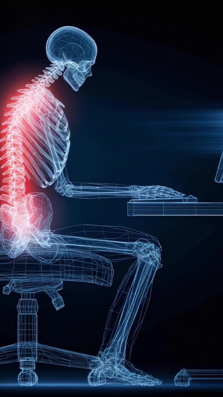An Anatomical Examination of Posture and Strain: A Digital Rendering of a Skeleton at a Computer, Highlighting Back Discomfort and Ergonomics