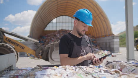 Male-recycling-plant-worker-uses-tablet,-tractor-drives-in-background