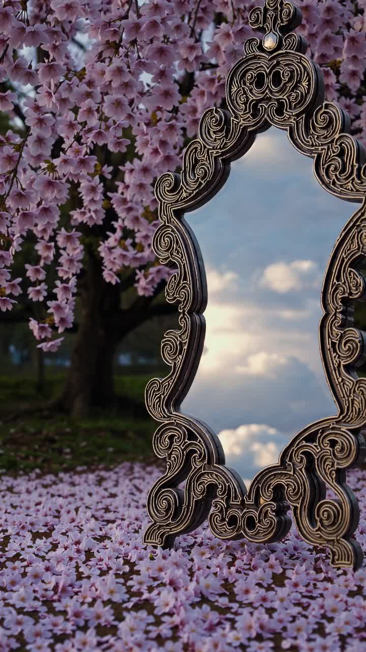 A vintage mirror reflects a cloudy sky amidst cherry blossoms