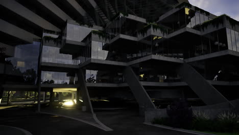 unique architectural structure with modern design in urban environment at dusk