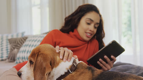 Happy-woman-lying-on-sofa-using-tablet-while-stroking-her-dog-4K-4k