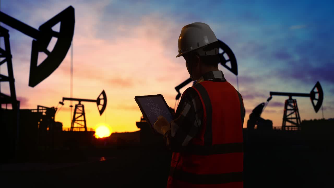 vista trasera de un ingeniero masculino asiático con casco de seguridad mirando el plano de la turbina eólica en una tableta mientras está de pie frente a las bombas de petróleo, durante la puesta o salida del sol
