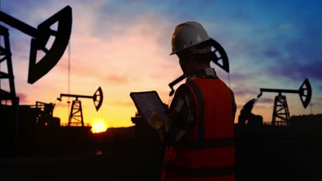 vista trasera de un ingeniero masculino asiático con casco de seguridad mirando el plano de la turbina eólica en una tableta mientras está de pie frente a las bombas de petróleo, durante la puesta o salida del sol
