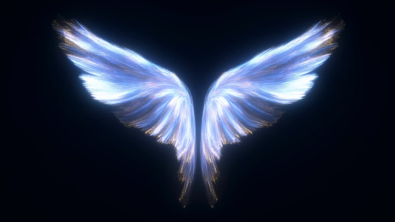 Ethereal Blue and Gold Glowing Angel Wings Flapping
