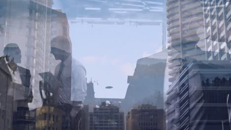 animation of businesspeople in office over cityscape