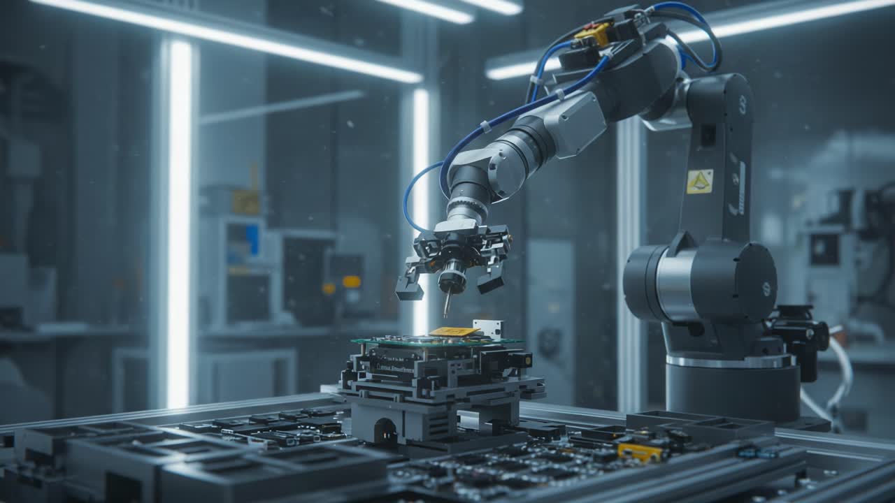 Advanced Robotic Arm Performing Precision Tasks in a High-Tech Laboratory Setting with Circuitry and Electronic Components on a Workbench