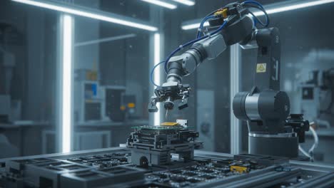 advanced robotic arm performing precision tasks in a high-tech laboratory setting with circuitry and electronic components on a workbench