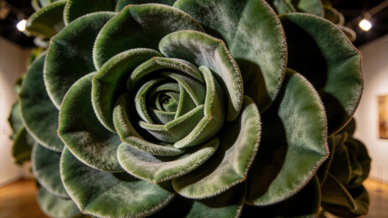 Telecamera che si avvicina a una grande rosetta di succulenta verde in galleria, mostrando la spirale centrale.
