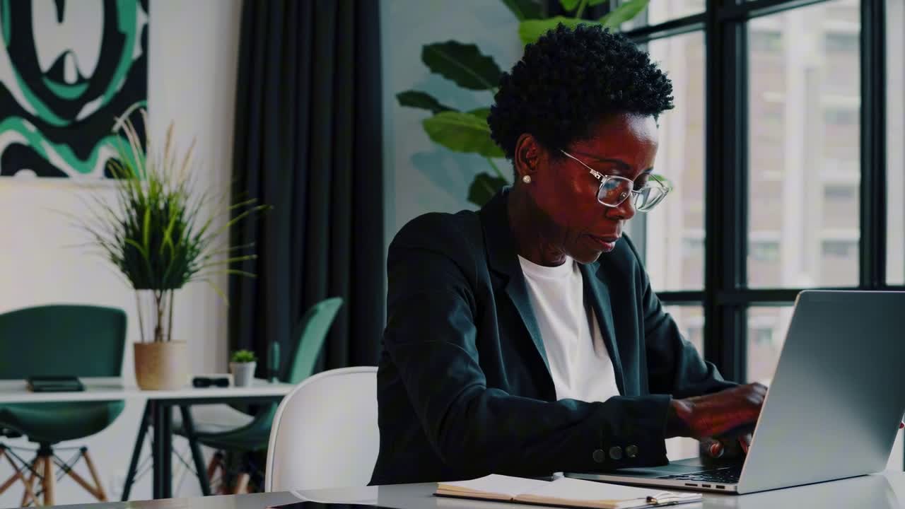 A professional woman works on a laptop in a modern office. Side angle captures her focus. Ideal