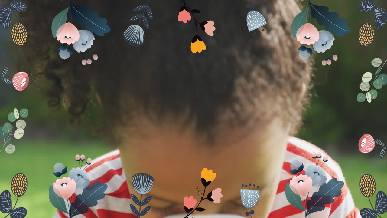 Animation of colourful flowers over sneezing african american girl