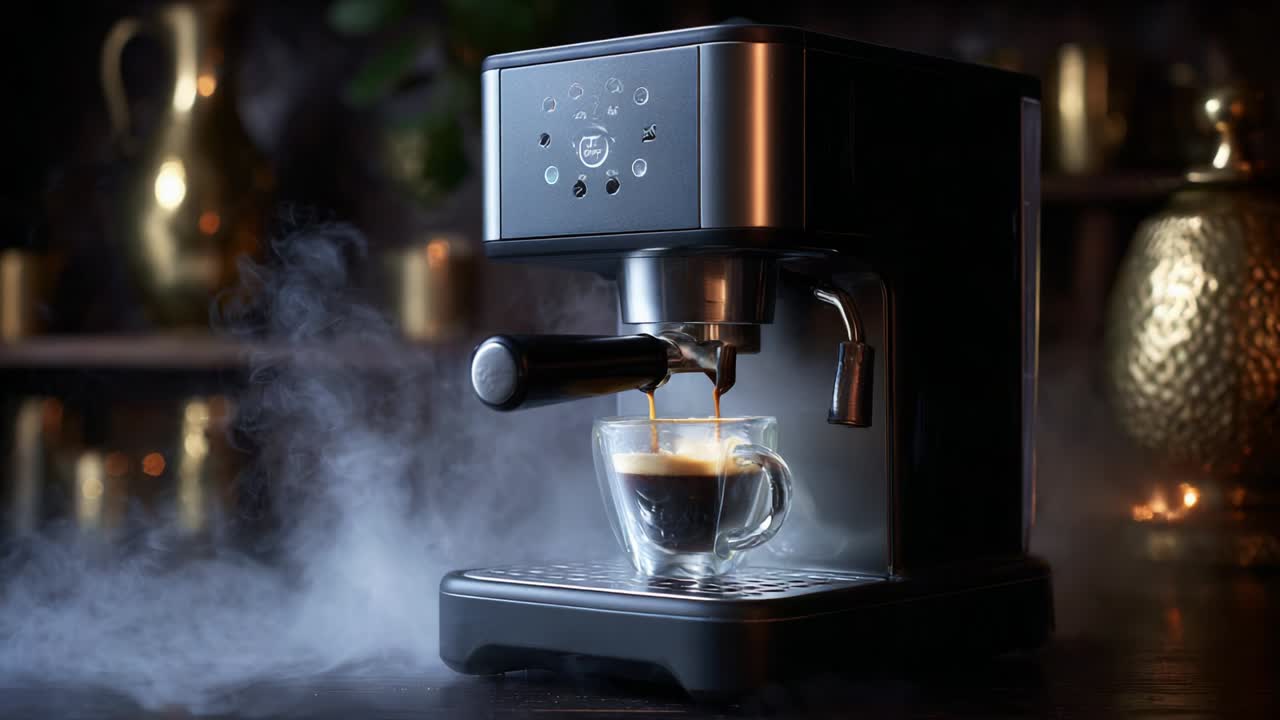 Artisan Espresso Machine Brewing Perfect Coffee Shot with Rich Crema in Stylish Glass Cup Surrounded by Elegant Decor and Soft Ambient Lighting, Capturing an Intimate Coffee Moment