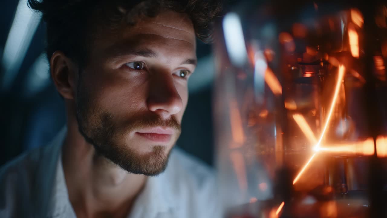 Exploring Quantum Technology: A Close-up View of a Man Engaging with an Advanced Quantum Device, Fascinated by Its Intricate Light Patterns and Scientific Innovations in a Dimly Lit Environment
