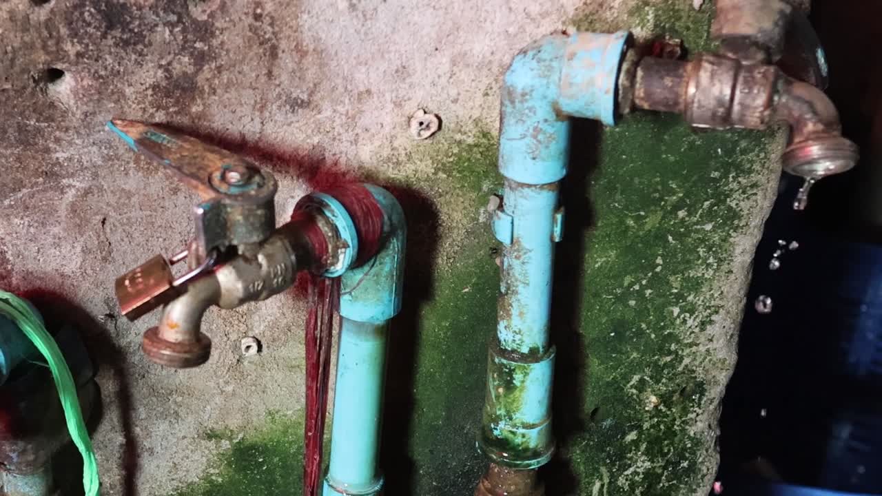 Close-up of water dripping from aged blue pipes with visible moss and corrosion.