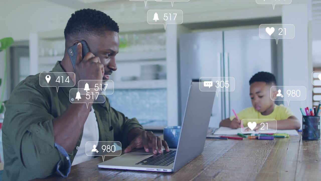 Social media notifications animation over man working on laptop and child drawing