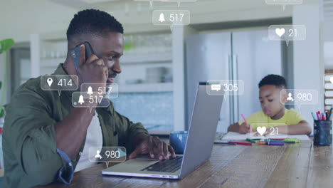 social media notifications animation over man working on laptop and child drawing