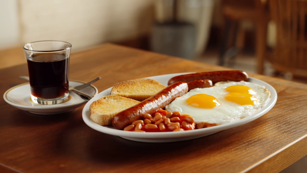 Hearty Fried Eggs Sausage Toast Coffee, Plated Englishstyle Breakfast On Wooden Table In Cozy Cafe, Baked
