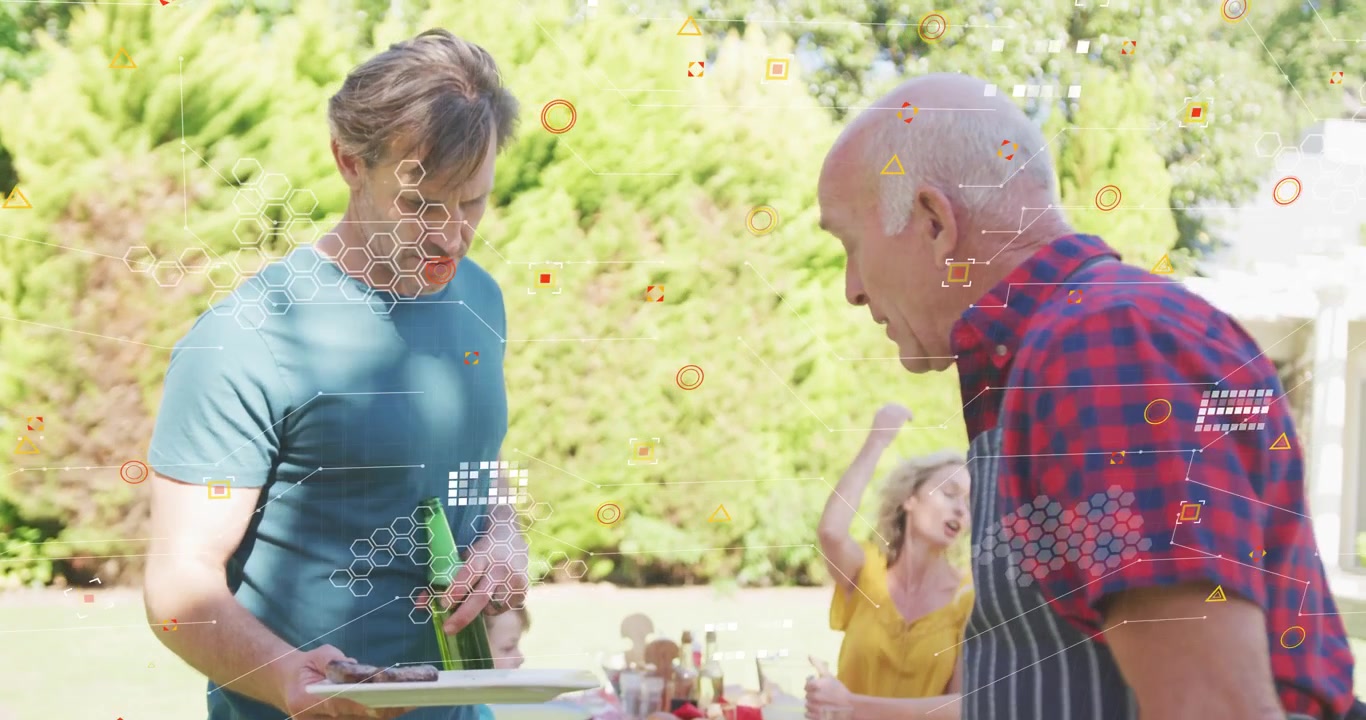 Server placing grilled food with tongs, guest holding plate and bottle joining backyard meal