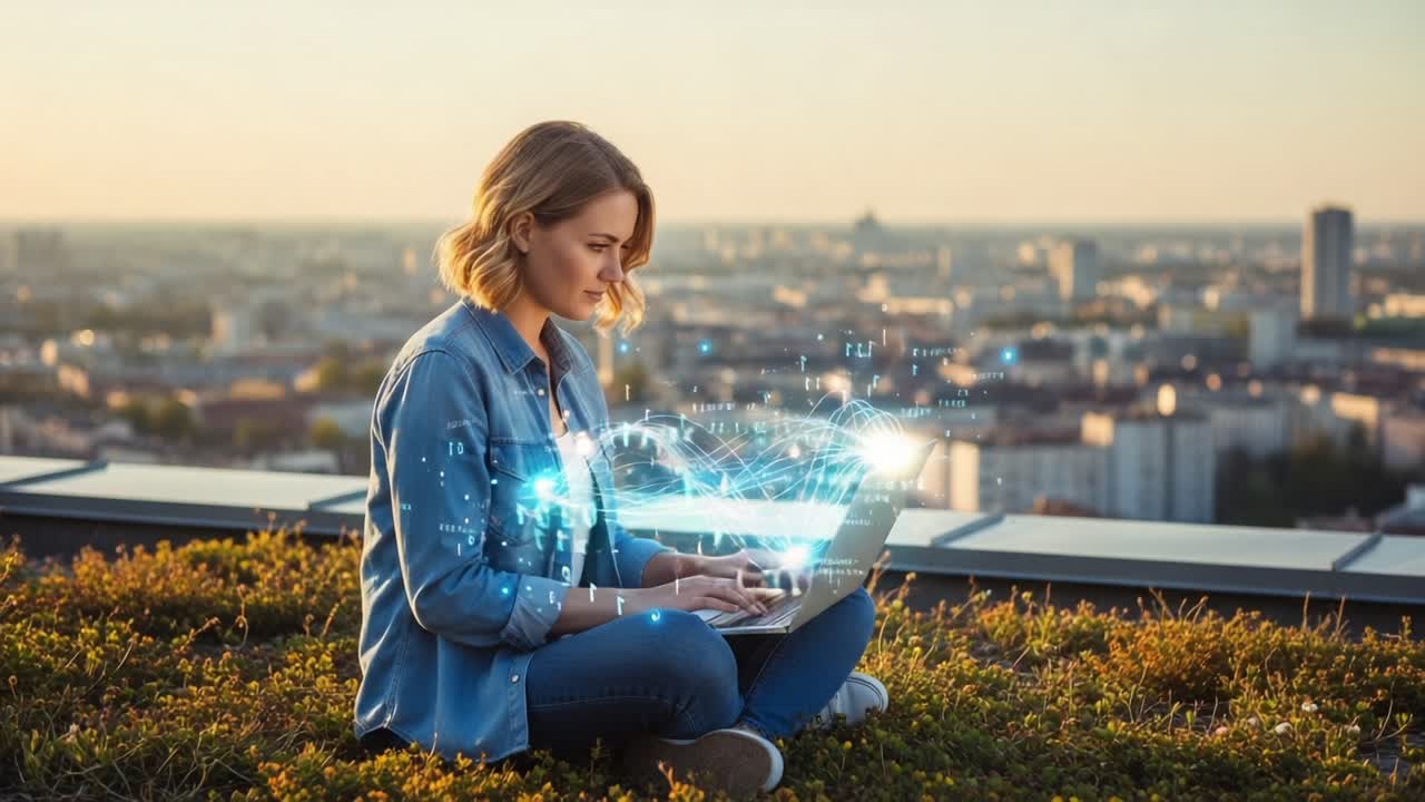 A Young Woman Engaged in Digital Work Amidst an Urban Landscape, Illustrating the Fusion of Nature and Technology Through Modern Connectivity and Innovation