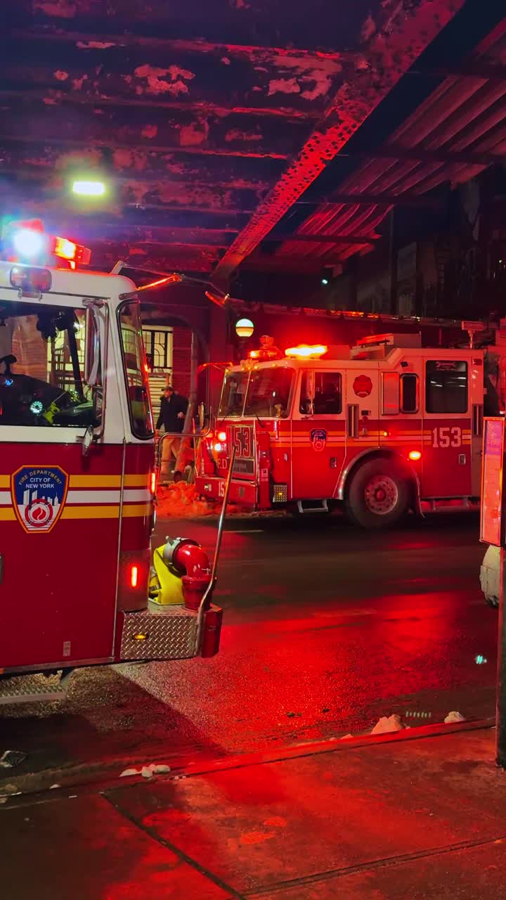 New York, ABD, 2 Aralık 2025: New York'ta gece yanıp sönen ışıklarıyla FDNY itfaiye araçları. Yükseltilmiş rayların altında acil duruma müdahale eden, canlı kırmızı ışık yansımalarıyla iki kırmızı itfaiye aracı.