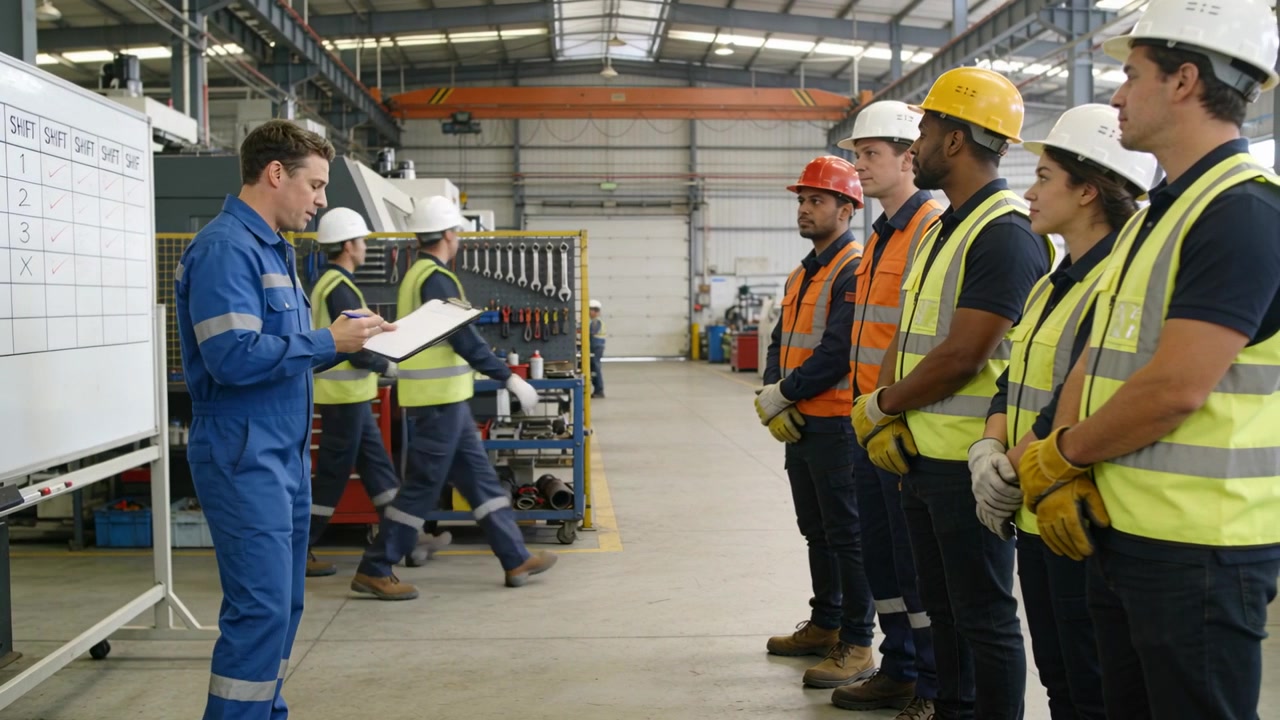 Pointing foreman in blue coveralls briefing workers at workshop, consulting board and clipboard