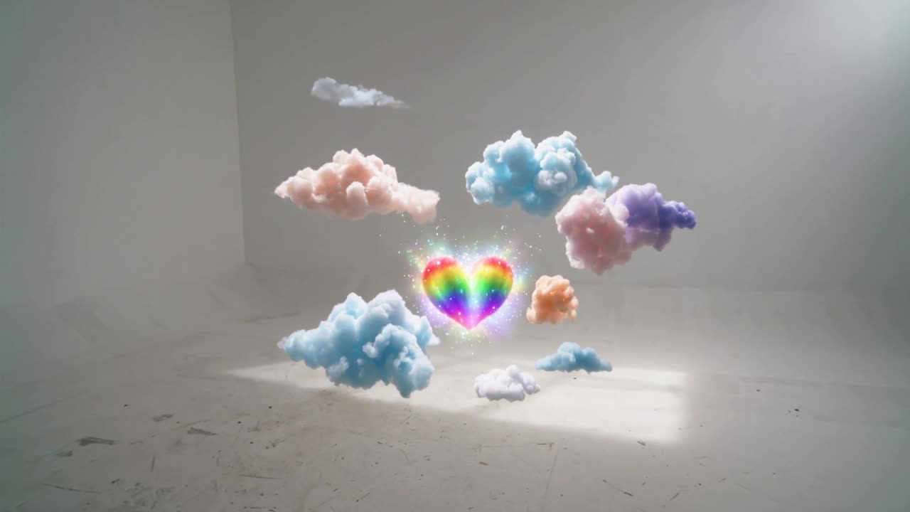 Un cuore arcobaleno luminoso che fa sì che nuvole pastello fluttuino nell'angolo di uno studio bianco, proiettando scintille.