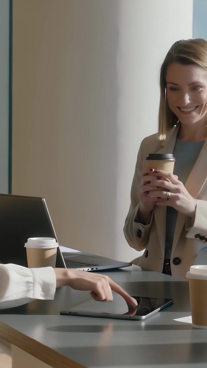 Video verticale: Mostra un tablet, un braccio che digita, una donna con blazer beige che tiene una tazza al bancone, spazio per il testo.